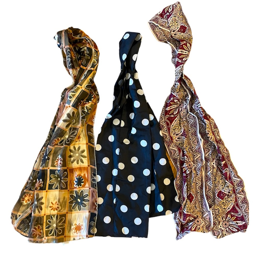 3 Sheer Scarf Bundle retro vintage look polka dot flowers paisley neutrals thin